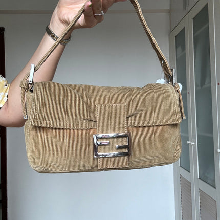 FENDI Baguette Vintage Corduroy Beige Brown Shoulder Bag
