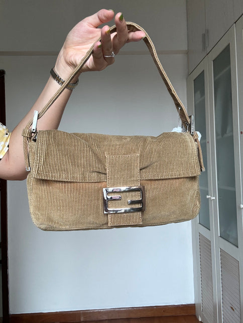 FENDI Baguette Vintage Corduroy Beige Brown Shoulder Bag