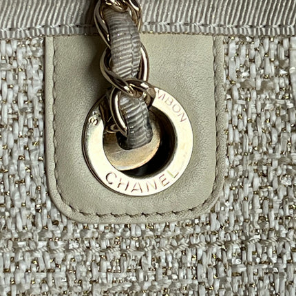 Chanel Deauville Tote Gold Beige Cloth Leather Chain Strap Small 34cm