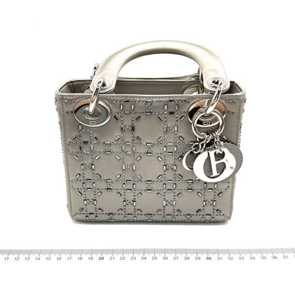 Lady Dior Mini Grey Silk with Crystals Silver Hardware