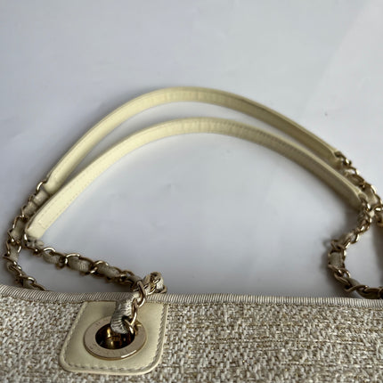 Chanel Deauville Tote Gold Beige Cloth Leather Chain Strap Small 34cm