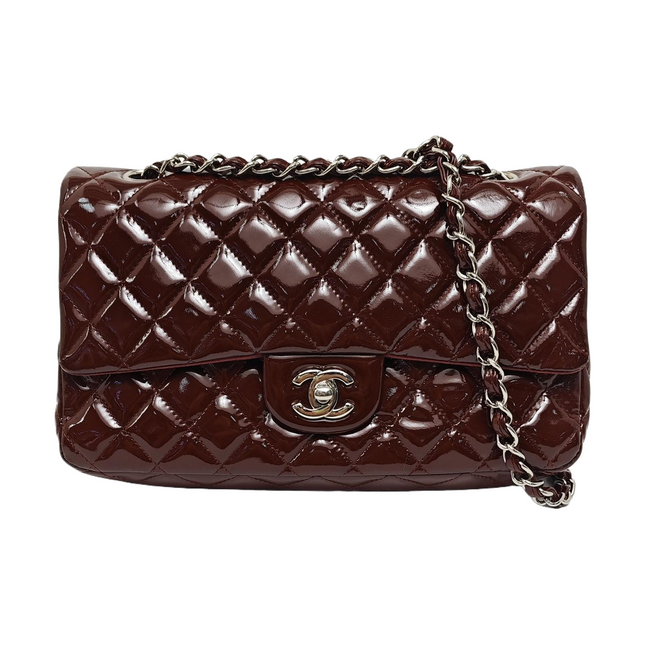 Chanel Classic Flap Medium Burgundy Patent Leather Silver Hardware-Luxbags