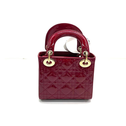 Lady Dior Mini 2020 Red Burgundy Patent Leather Gold Hardware Suede Interior Chain Strap