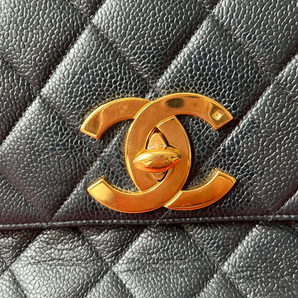Chanel Classic Flap Vintage Navy Black Caviar Leather 24k Gold Plated Giant CC Logo, 1994-96