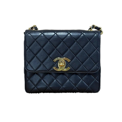 Chanel Vintage Flap Bag Medium Black Lambskin Leather Mega CC Gold Hardware