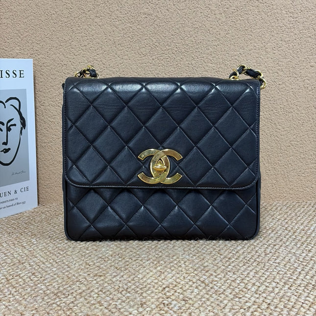 Chanel Vintage Flap Bag Medium Black Lambskin Leather Mega CC Gold Hardwarei