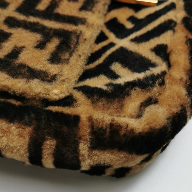 Fendi Baguette Large Shearling Vitello Dolce Marco FF 1974 Tobacco Black Brown Zucca