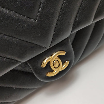 Chanel Classic Flap Mini Chevron Black Quilted Lambskin Leather Chain Around