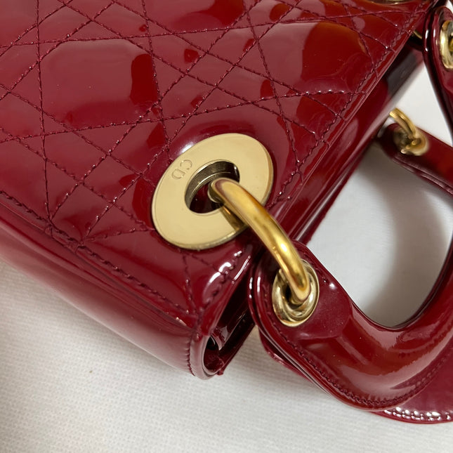 Lady Dior Mini Handbag 2019 Burgundy Red Patent Leather Gold-tone Chain Strap