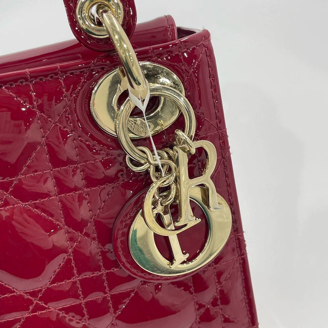 Lady Dior Mini Handbag Burgundy Red Patent Leather Gold-tone Chain Strap