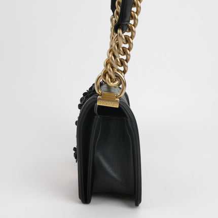 Chanel Le Boy Bag Small Camellia Black Lambskin Leather Gold Hardware