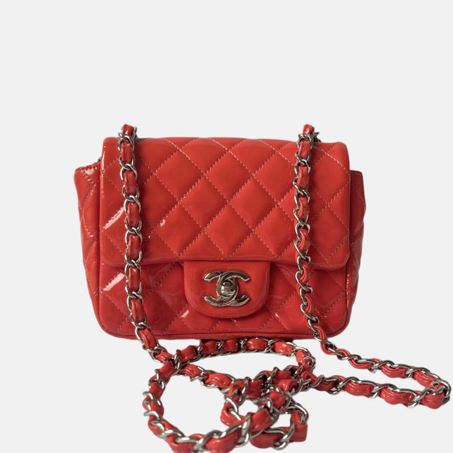 Chanel Classic Flap Mini Square Coral Orange Patent Lambskin Crossbody Bag