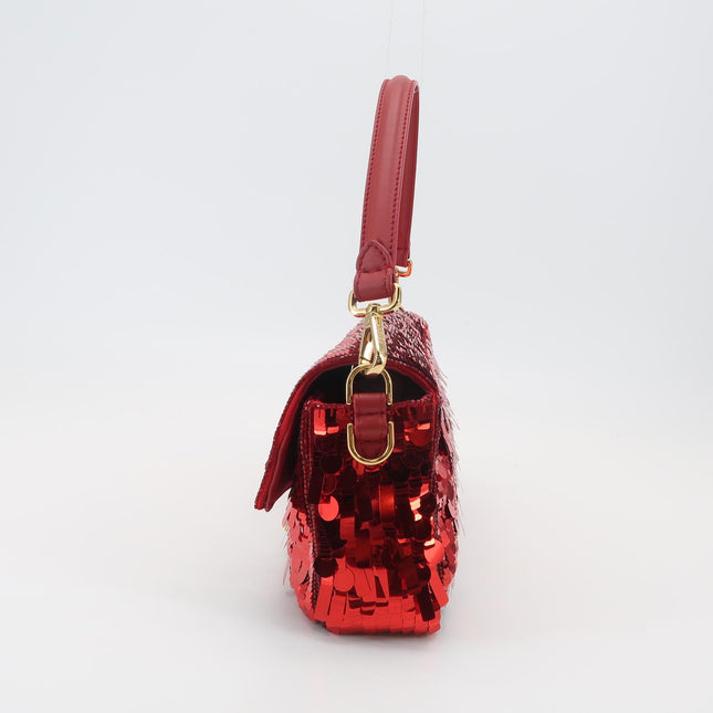 Fendi Baguette Medium Red Glitter Sequins Shoulder Bag