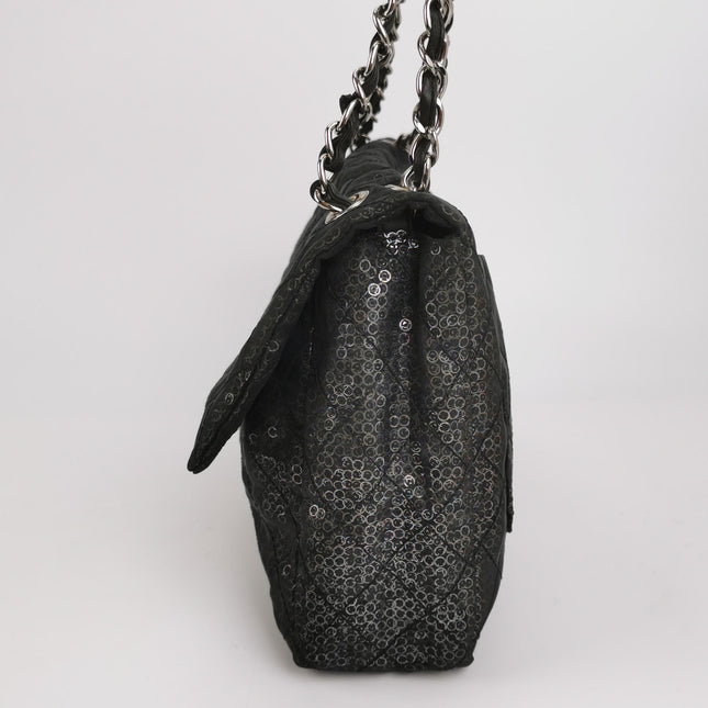 Chanel Black Mesh and Sequins Jumbo Maxi Classic Flap Silver Hardware 2008