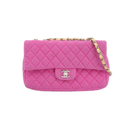 Chanel Flap Bag Medium Pink Perforated Fabric Yellow Patent Leather Stap 2009-2010-Luxbags