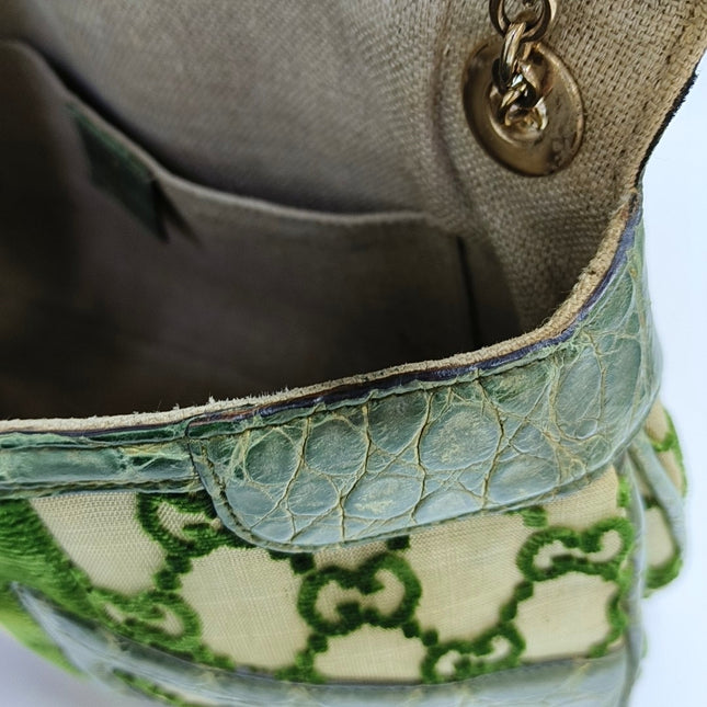 Gucci Jeweled Dragon Bag Green Crocodile and GG Velvet Bamboo Chain Strap Shoulder Bag