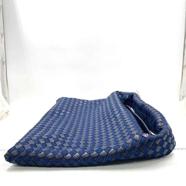 Bottega Veneta Hop Large Leather and Denim Intrecciato Navy Hobo Bag 55cm