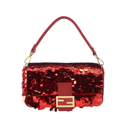 Fendi Baguette Medium Red Glitter Sequins Shoulder Bag