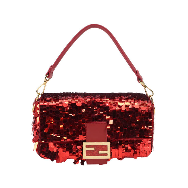 Fendi Baguette Medium Red Glitter Sequins Shoulder Bag
