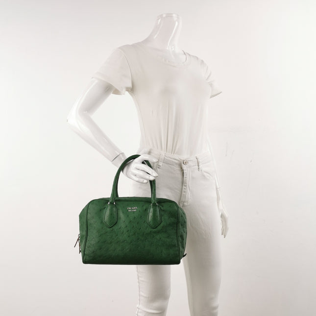 Prada Inside Bag Green Ostrich Leather Green Lambskin Leather Interior Medium
