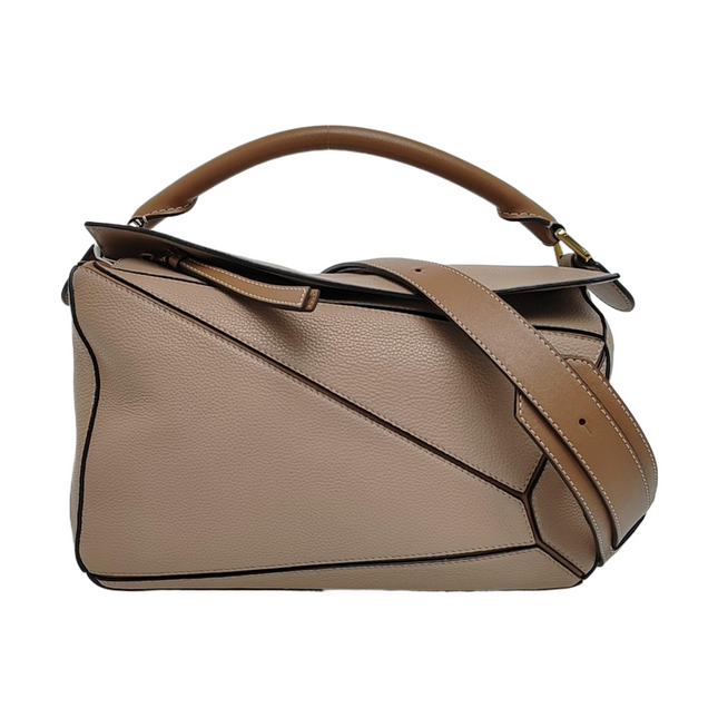 Loewe Puzzle Medium Sand Beige Calfskin Leather Bag Brown Strap-Luxbags