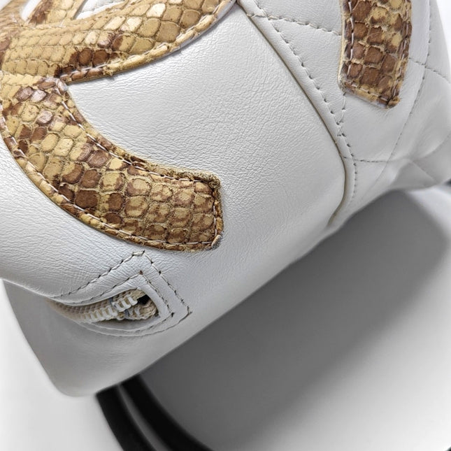 Chanel Cambon Medium Shoulder Bag White Calfskin Leather Snake-skin CC Logo Black Double Strap