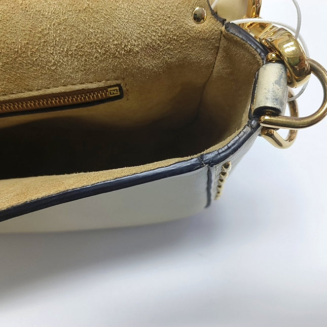 Fendi Baguette Selleria Medium White Calfskin Leather Gold Studs Crossbody Bag