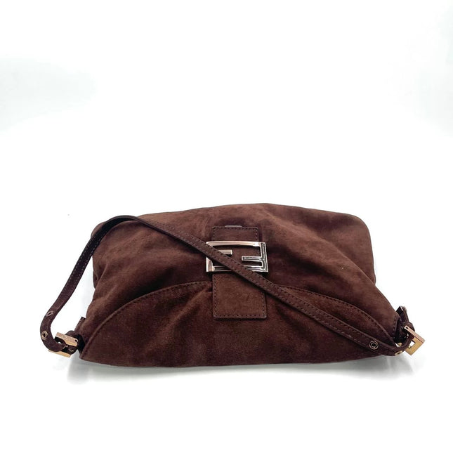 Fendi Baguette Large Dark Brown Suede Leather Shoulder Bag