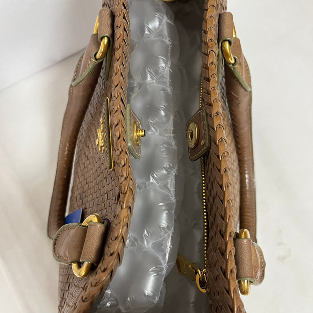 Prada Madras Brown Woven Leather Top Handle Shopping Tote