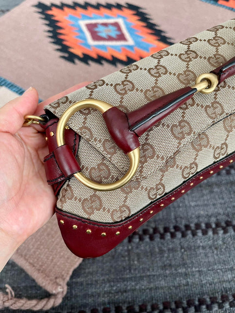 Gucci Horsebit 1955 Small Cloth Beige Monogram Burgundy Leather Shoulder bag