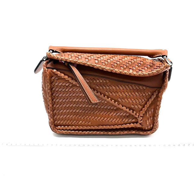 Loewe Puzzle Small Leather Woven Braided Tan Brown Crossbody Bag-Luxbags