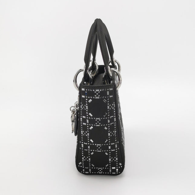 Lady Dior Mini Black Silk with Crystals Silver Hardware