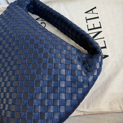 Bottega Veneta Hop Large Leather and Denim Intrecciato Navy Hobo Bag 55cm