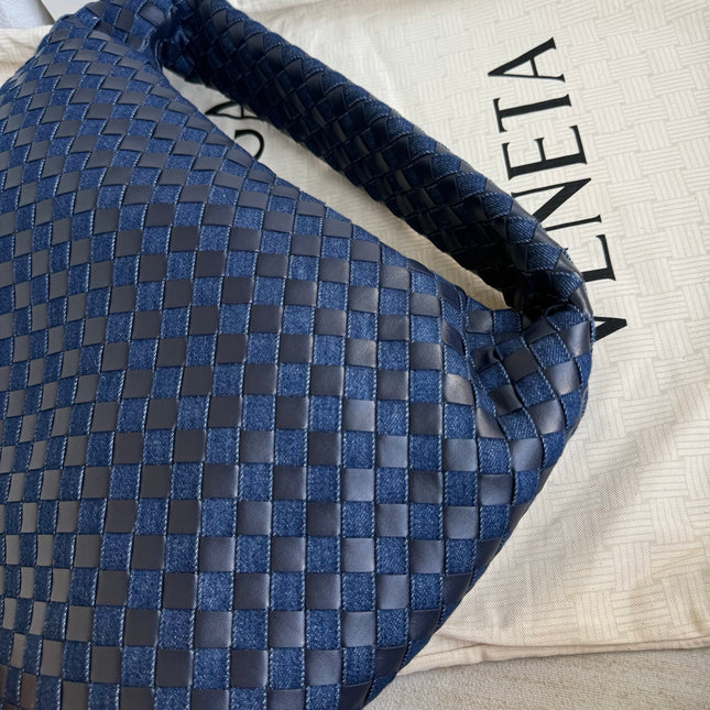 Bottega Veneta Hop Large Leather and Denim Intrecciato Navy Hobo Bag 55cm