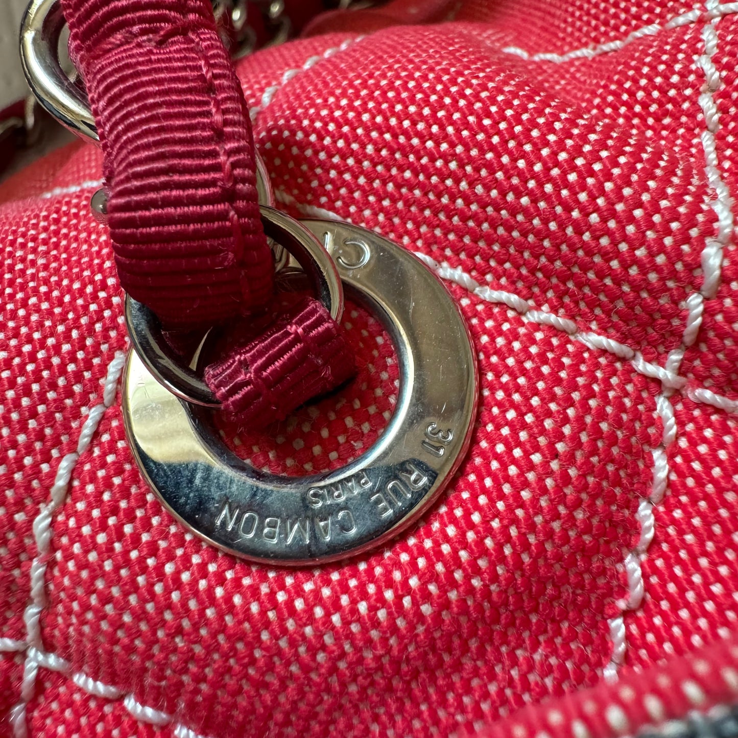 Chanel Rhombus Red Quilted Denim Medium CC Chain Bowler Bag, 2009-2010