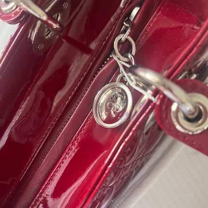 Sold Lady Dior 2017 Medium Burgundy Patent Leather Handbag Adjustable Strap