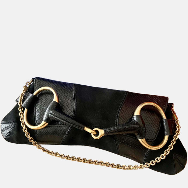 Gucci Horsebit 1955 Large Black Suede and Python-skin Leather Shoulder Bag-Luxbags
