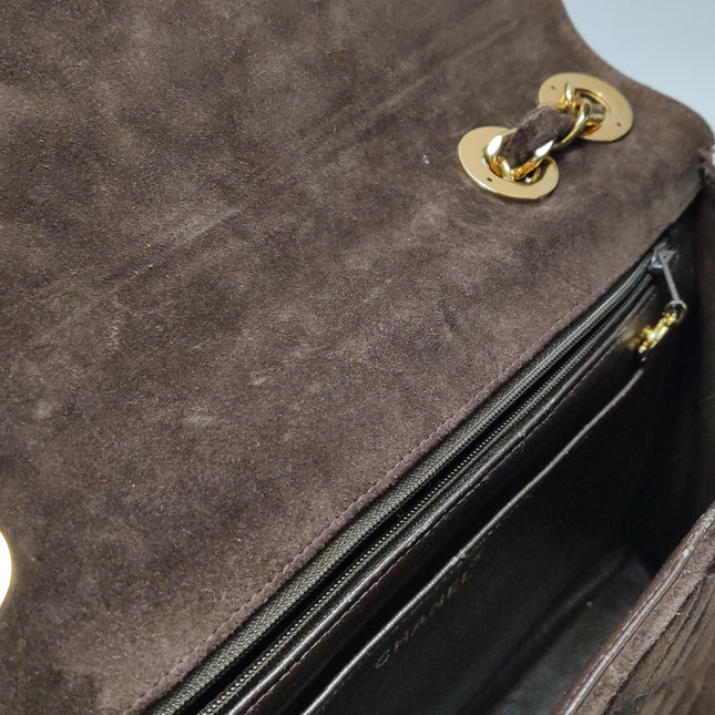 Chanel Classic Flap Maxi Chocolate Brown Suede Leather Giant Gold CC Logo
