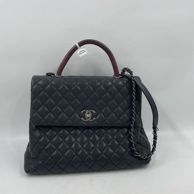 Chanel Coco Handle Maxi Black Caviar Leather Burgundy Lizard Handle Silver Hardware 32cm