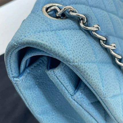 Chanel Timeless Classic Flap Medium Light Blue Caviar Leather Silver Hardware
