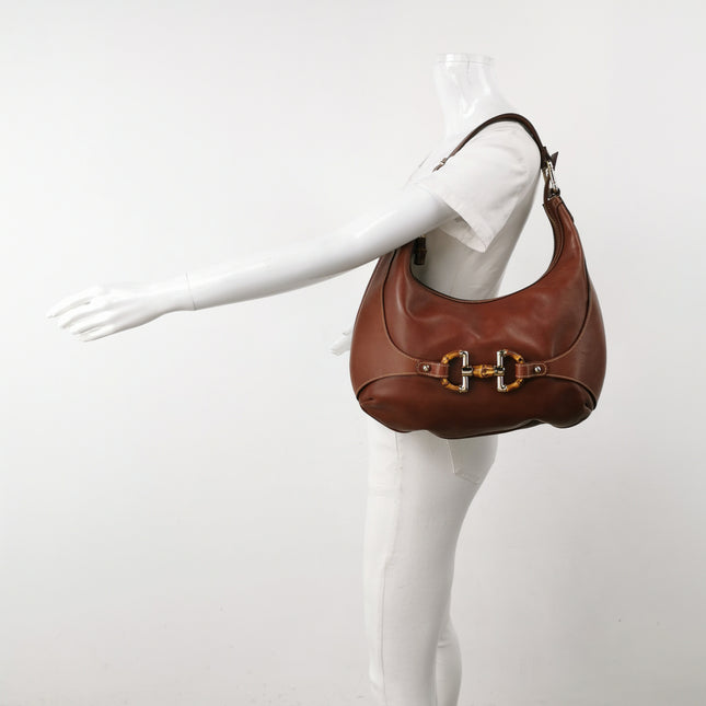 Gucci Bamboo Amalfi Hobo Horsebit Shoulder Bag Brown Leather