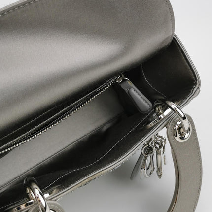 Lady Dior Mini Grey Silk with Crystals Silver Hardware