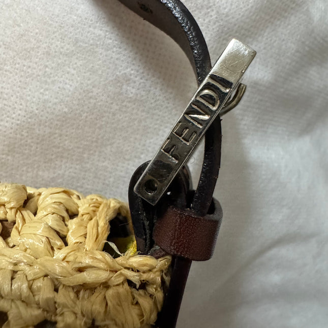 Fendi Baguette Raffia Straw Beige and Brown Leather Shoulder Bag