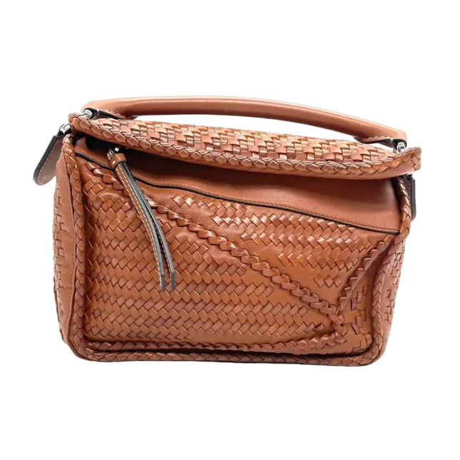 Loewe Puzzle Small Leather Woven Braided Tan Brown Crossbody Bag-Luxbags