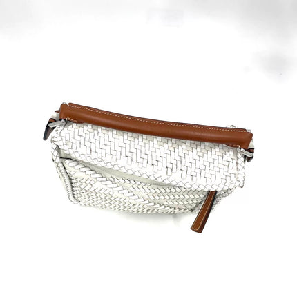 Loewe Puzzle Small Leather Woven Braided White Crossbody Bag