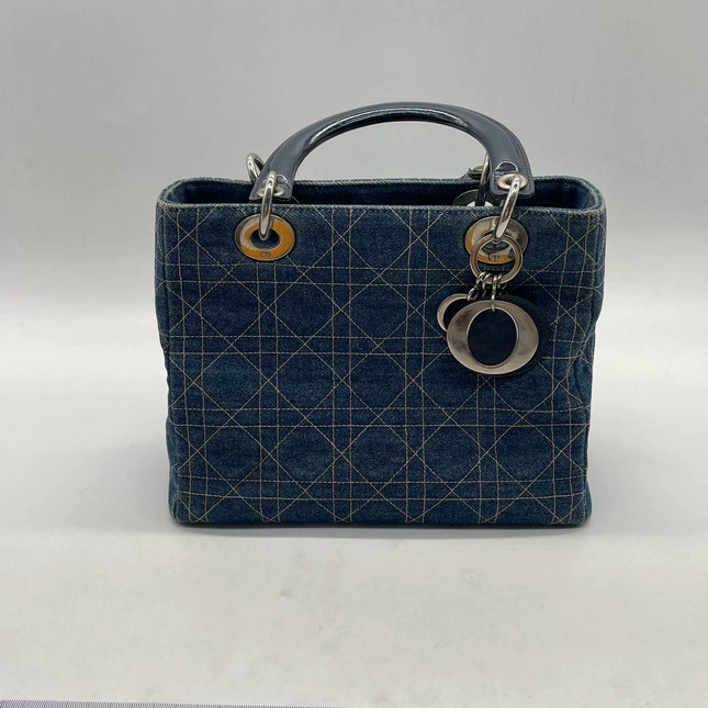 Lady Dior Vintage Medium Navy Blue Jeans Silver Hardware