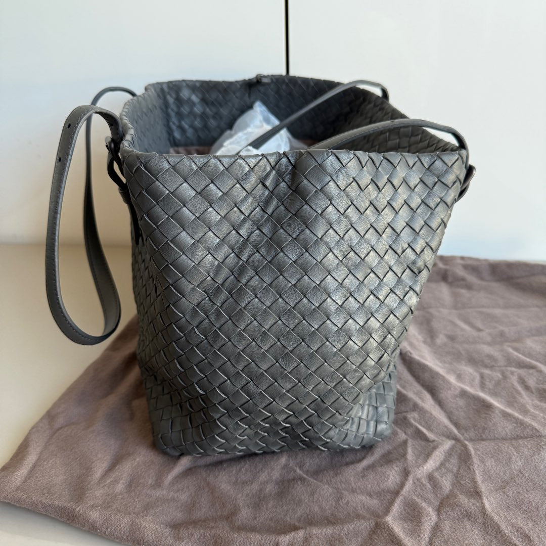 Bottega Veneta Cesta Shopper Tote Nappa Intrecciato Leather Grey Small