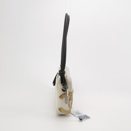 Chanel Cambon Clutch White Leather Snake Skin CC Logo Black Strap