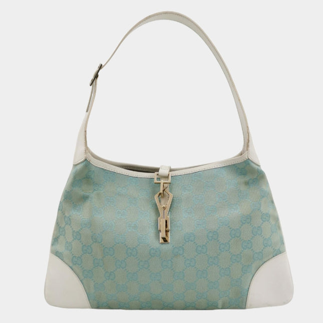 Gucci Jackie Vintage Blue Nylon White Leather Shoulder Bag Medium-Luxbags
