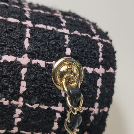 Chanel Mini Rectangular Tweed Flap Bag Black Pink Camellia Single Chain Crossbody